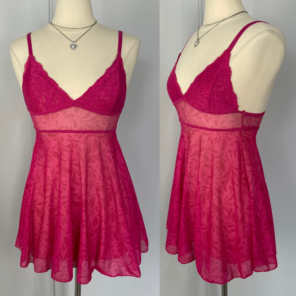 Cami Tank Top Size Medium Hot Pink Sheer Mesh Babydoll Lingerie Romantic